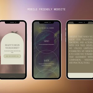 May include: Three smartphones displaying a website interface. The first phone shows a call to action, the second displays "Mind" and "Body" with text, and the third features a paragraph of text. The background is a gradient of purple and brown.