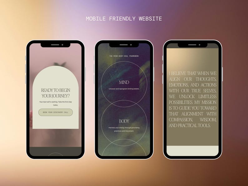 May include: Three smartphones displaying a website interface. The first phone shows a call to action, the second displays "Mind" and "Body" with text, and the third features a paragraph of text. The background is a gradient of purple and brown.