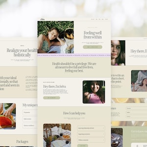 May include: Website design featuring a light beige and white color scheme with images of a woman and text. The website promotes health and wellness, with phrases like "Feeling well from within" and "Realign your health holistically."