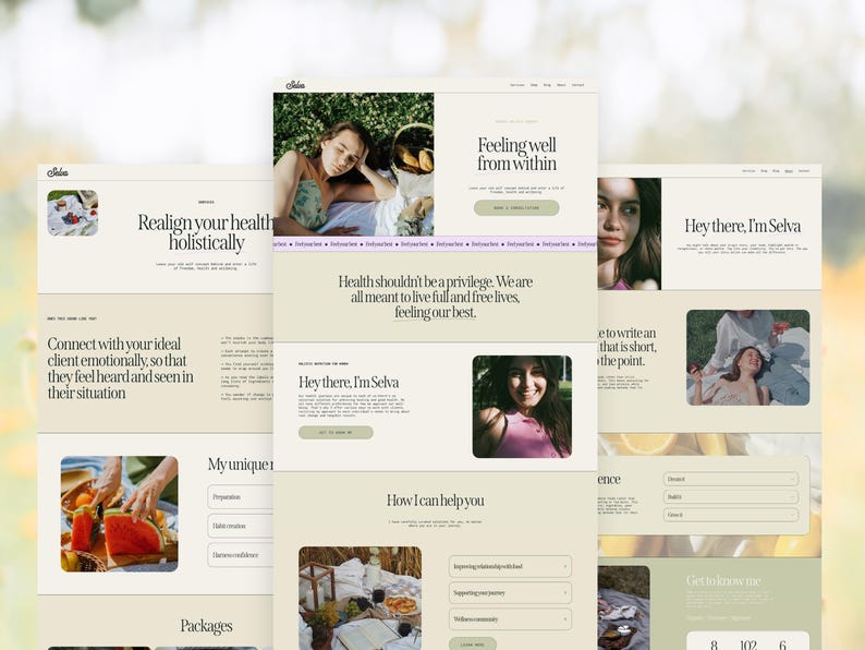 May include: Website design featuring a light beige and white color scheme with images of a woman and text. The website promotes health and wellness, with phrases like "Feeling well from within" and "Realign your health holistically."