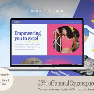 May include: A laptop screen shows a website with the text "Empowering you to excel" and a photo of a woman. The website has a bold, retro design with a pink and purple gradient. Additional pages are visible, along with a trial offer.