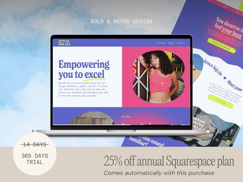 May include: A laptop screen shows a website with the text "Empowering you to excel" and a photo of a woman. The website has a bold, retro design with a pink and purple gradient. Additional pages are visible, along with a trial offer.