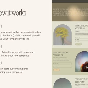 May include: A webpage design with a soft, neutral color palette. The page includes sections titled "How it works," "1:1 Holistic Mindset Coaching," "Mindset Reboot Workshop," and "The Alignment Blueprint." The design features text and blurred images.