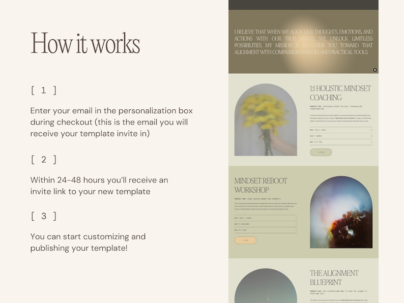 May include: A webpage design with a soft, neutral color palette. The page includes sections titled "How it works," "1:1 Holistic Mindset Coaching," "Mindset Reboot Workshop," and "The Alignment Blueprint." The design features text and blurred images.