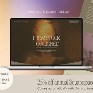 May include: A silver laptop displays a website with the text "FROM STUCK TO ALIGNED." The website has a warm, golden color scheme. Additional text includes "ETHEREAL & ELEGANT DESIGN" and "25% off annual Squarespace plan." A circular graphic reads "14 DAYS 365 DAYS TRIAL."