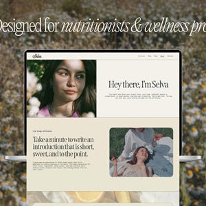 May include: A laptop displaying a website with the text "Designed for nutritionists & wellness pros." The website features a photo of a woman, the name "Selva," and the text "Take a minute to write an introduction that is short, sweet, and to the point."