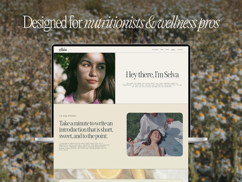 May include: A laptop displaying a website with the text "Designed for nutritionists & wellness pros." The website features a photo of a woman, the name "Selva," and the text "Take a minute to write an introduction that is short, sweet, and to the point."