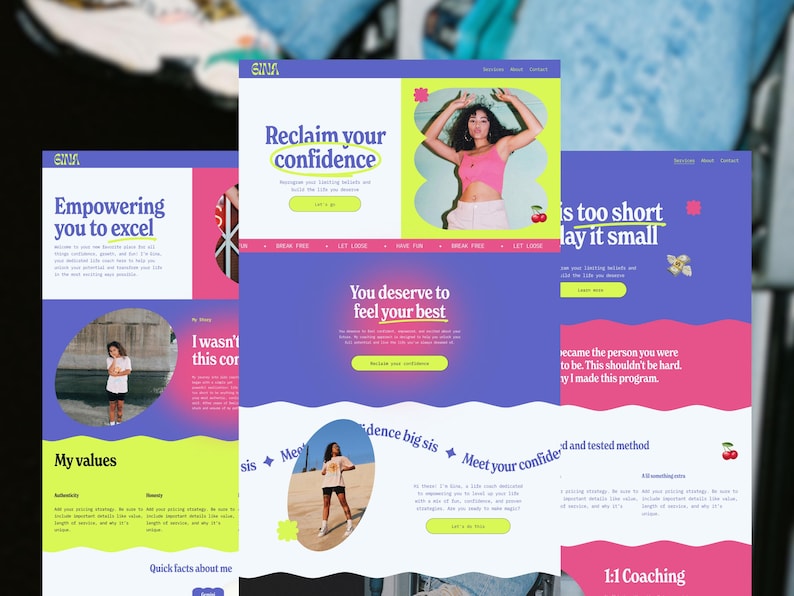 May include: A website design in purple and pink, with the text "Empowering you to excel", "Reclaim your confidence", and "You deserve to feel your best". The design incorporates images of a woman and a cherry graphic.