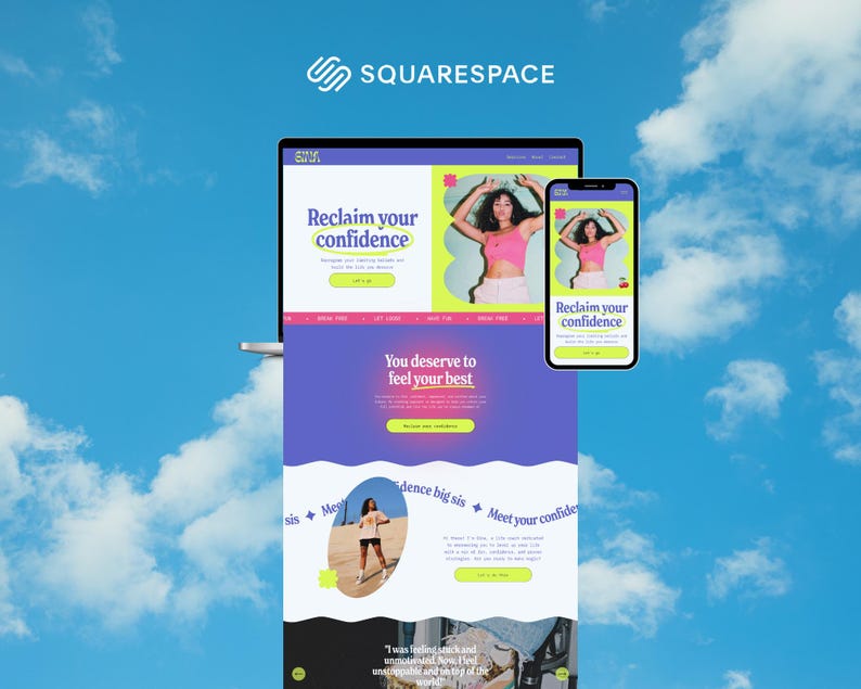May include: A laptop and smartphone display a website interface with the Squarespace logo. The website features the text "Reclaim your confidence" and "You deserve to feel your best" against a blue sky background.