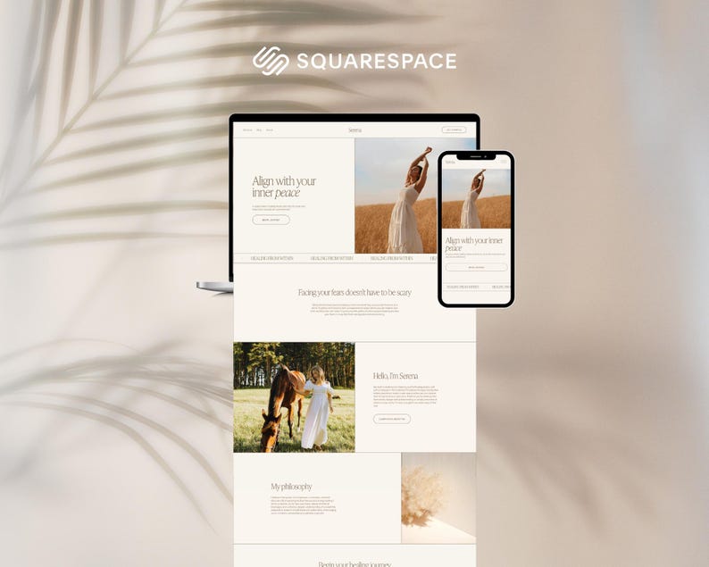 May include: A laptop and smartphone display a website with the Squarespace logo. The website features images of a person in a field and a horse. Text on the screen reads "Align with your inner peace" and "Facing your fear doesn't have to be scary."