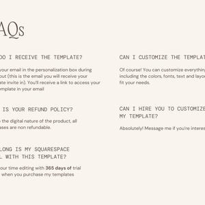 May include: Cream-colored graphic with the heading "FAQs" and questions about a template. Questions include how to receive the template, customization options, refund policy, and trial period length. Text is in a simple, readable font.