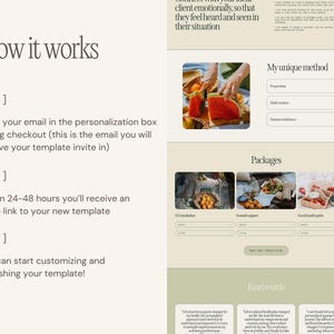 May include: A webpage layout with a light beige background and green accents. The page includes the text "How it works" and numbered steps. There are also sections titled "My unique method", "Packages", and "Kind words".