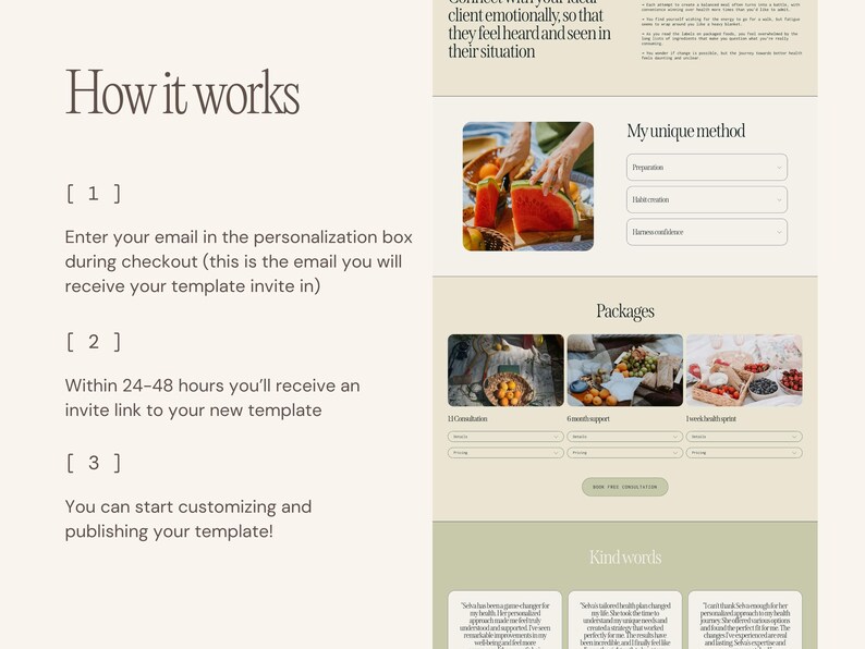 May include: A webpage layout with a light beige background and green accents. The page includes the text "How it works" and numbered steps. There are also sections titled "My unique method", "Packages", and "Kind words".
