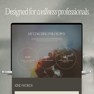May include: A laptop displaying a webpage with the text "Designed for wellness professionals." The webpage features the title "MY COACHING PHILOSOPHY" and sections labeled "BODY," "MIND," and "SOUL." The background is a soft, blurred image with neutral tones.