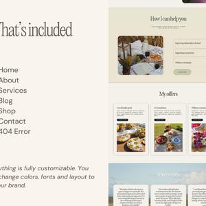 May include: A website design layout with a light beige background. The text "What's included" is at the top left, followed by a list of menu options. The text "How I can help you" is at the top right, with a picnic scene image. The text "My offers" is below, with three image boxes.