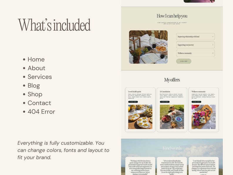 May include: A website design layout with a light beige background. The text "What's included" is at the top left, followed by a list of menu options. The text "How I can help you" is at the top right, with a picnic scene image. The text "My offers" is below, with three image boxes.