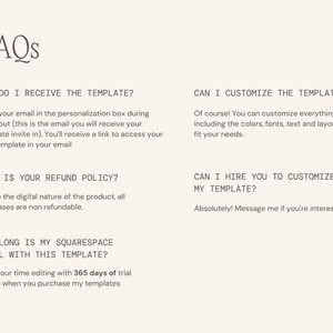 May include: A cream-coloured graphic with the heading "FAQs" in a serif font. The text answers questions about receiving, customising, and refund policies for a template, along with Squarespace trial information.