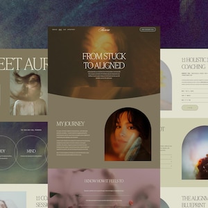 May include: A website design with a muted color palette, featuring text like "MEET AUF" and "FROM STUCK TO ALIGNED." The design includes images of a person and floral elements, with sections for "BODY" and "MIND," and a section for "1:1 HOLISTIC MINDSET COACHING."
