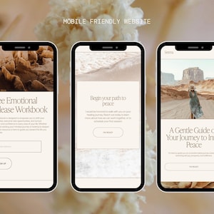 May include: Three smartphones displaying a website interface with a beige and brown color scheme. The screens show text that reads "Free Emotional Release Workbook", "Begin your path to peace", and "A Gentle Guide on Your Journey to Inner Peace".