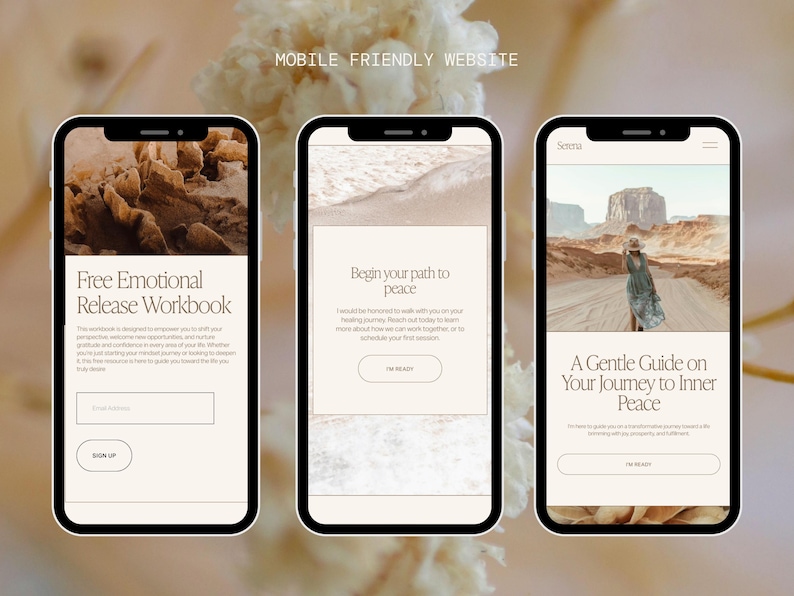 May include: Three smartphones displaying a website interface with a beige and brown color scheme. The screens show text that reads "Free Emotional Release Workbook", "Begin your path to peace", and "A Gentle Guide on Your Journey to Inner Peace".