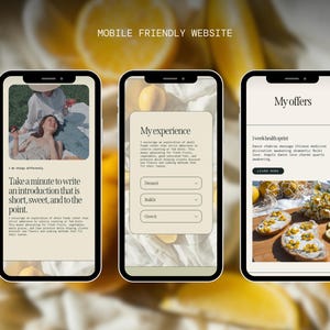 May include: Three smartphones displaying a website interface with text and images. The screens show content about experience, offers, and an introduction. The background features lemons.