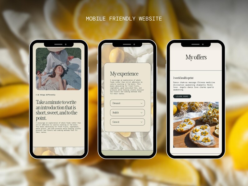 May include: Three smartphones displaying a website interface with text and images. The screens show content about experience, offers, and an introduction. The background features lemons.