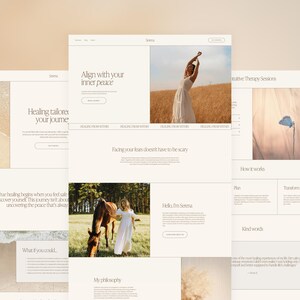 May include: A website design mockup with a neutral color palette. The design includes text such as "Align with your inner peace" and "Healing tailored to your journey." Images of a woman in a field and a woman with a horse are also featured.