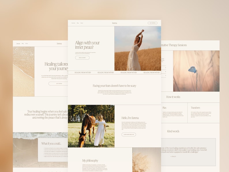 May include: A website design mockup with a neutral color palette. The design includes text such as "Align with your inner peace" and "Healing tailored to your journey." Images of a woman in a field and a woman with a horse are also featured.
