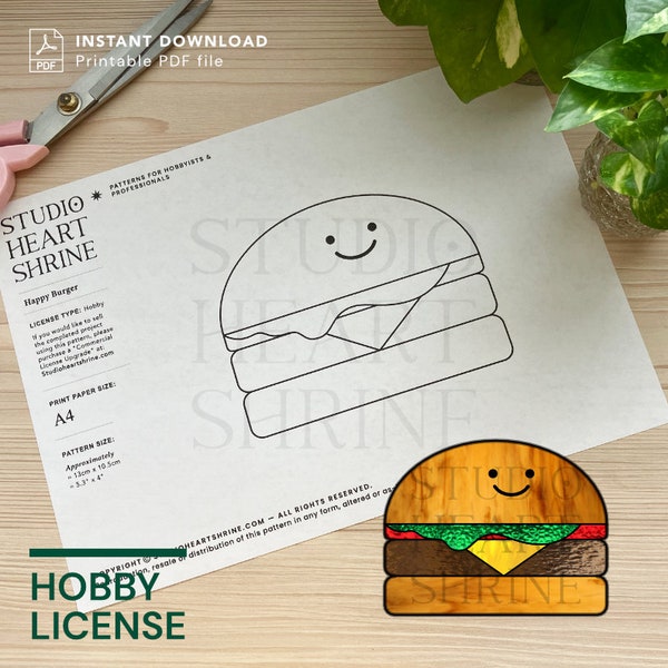 Stained glass pattern: Burger with smiling face, kawaii happy food. Digital download for DIY suncatcher; room, kitchen decor [HOBBY LICENSE]