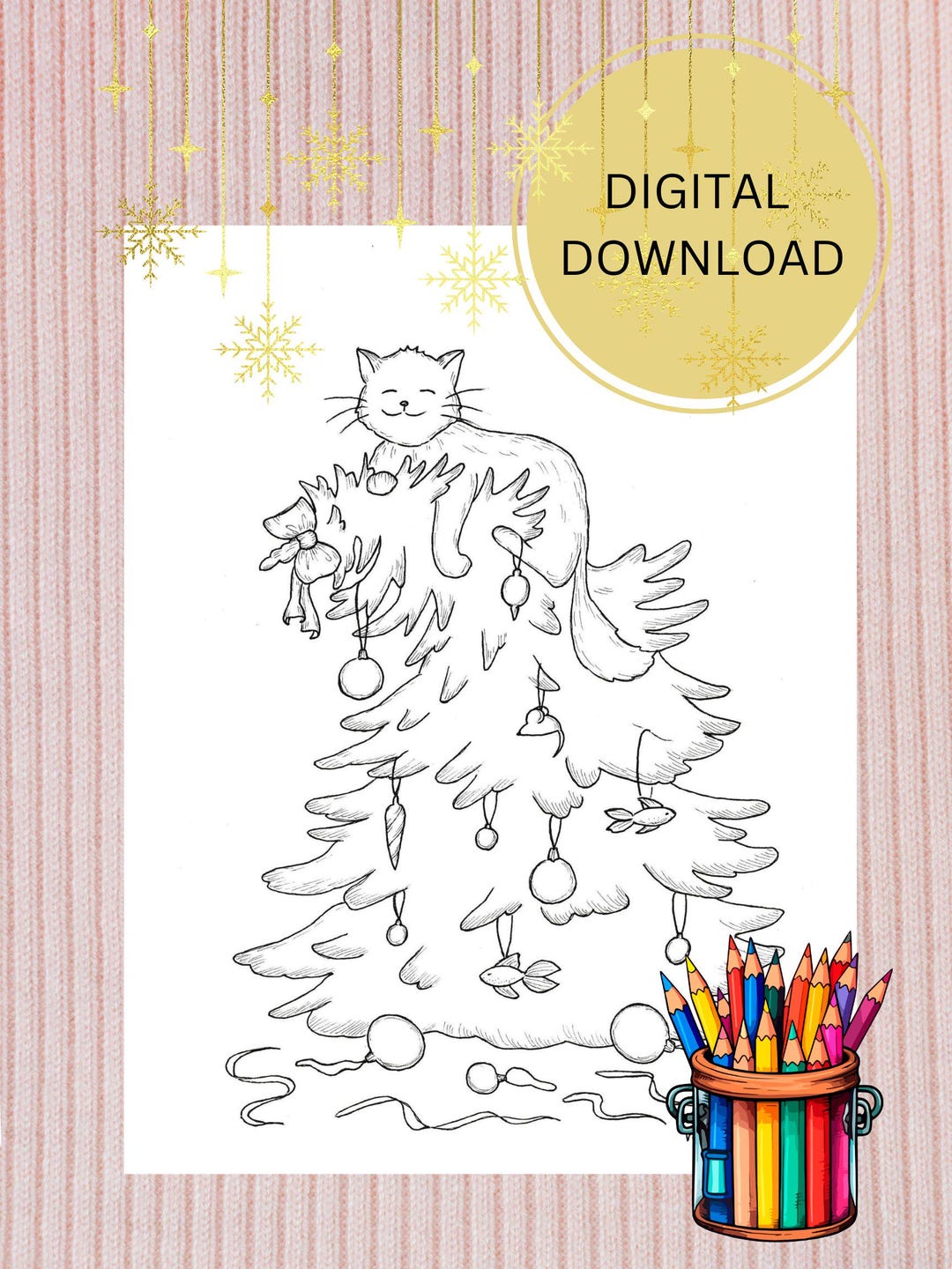 Cat on a Christmas Tree Coloring Page. Printable Coloring Page ...