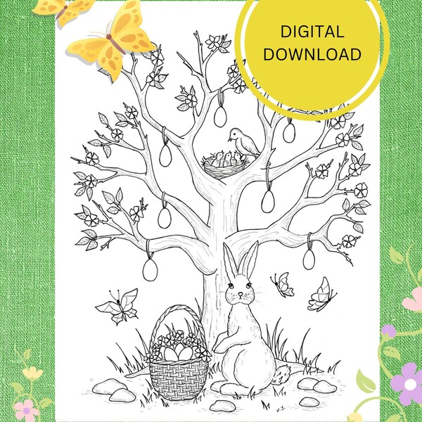 Easter coloring page. Easter tree coloring page. Art therapy for kids and adults.