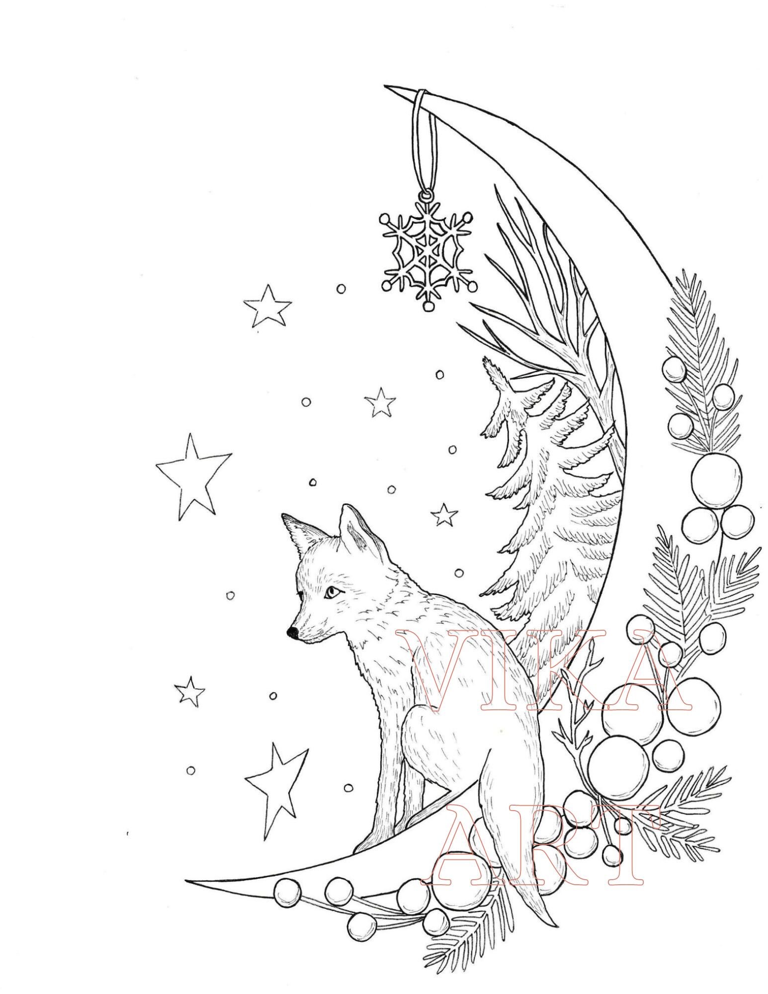 Christmas Coloring Page. Fox on the Moon. Art Therapy for Kids and ...