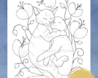 Cats Hugging Coloring Page: Art Therapy (PDF & JPG)