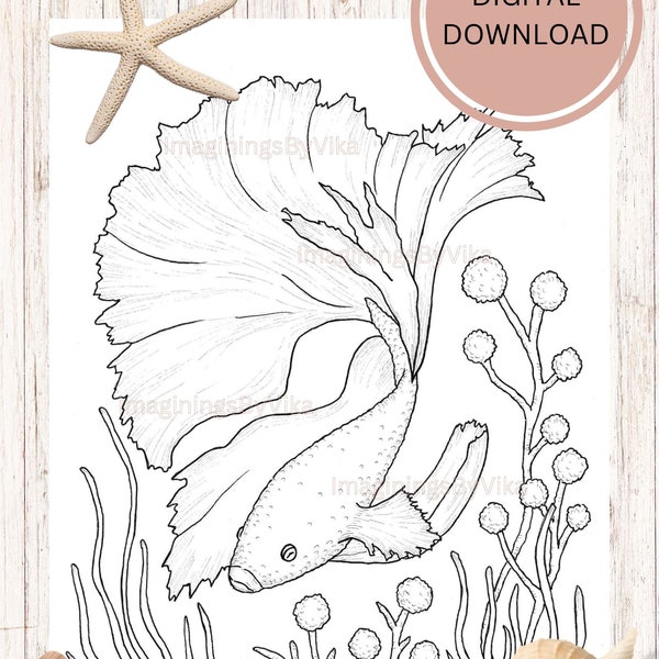 Ocean coloring page. Betta fish coloring page. Art therapy for kids and adults.