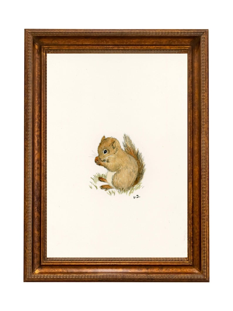 Op de afbeelding: Een ingelijste aquarel van een bruin eekhoorntje dat op gras zit en een noot eet. Het kunstwerk staat tegen een witte achtergrond en is ingelijst in een donkerbruine houten lijst. De schildering heeft een vintage uitstraling.