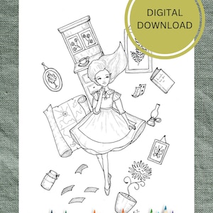 Alice in wonderland coloring page. Down the rabbit hole coloring page. Fairy tale coloring page for kids and adults.