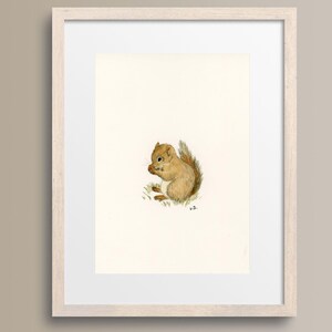 Op de afbeelding: Ingelijste aquarelprint van een eekhoorn. De eekhoorn is afgebeeld in een zittende positie, met een noot in zijn handen. Het kunstwerk staat tegen een witte achtergrond, met een lichtbeige lijst. De eekhoorn heeft bruine vacht en een pluizige staart.