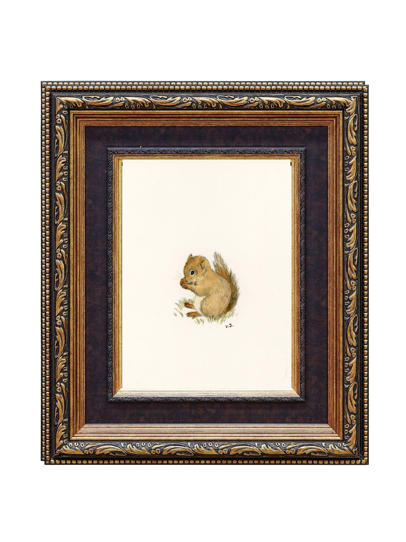 Op de afbeelding: Een ingelijste aquarelprint van een eekhoorn. Het kunstwerk toont een gedetailleerde weergave van een eekhoorn in bruin- en beigetinten, met een noot. De lijst is sierlijk, met een donkerbruine binnenrand en een goud-zwarte buitenlijst.