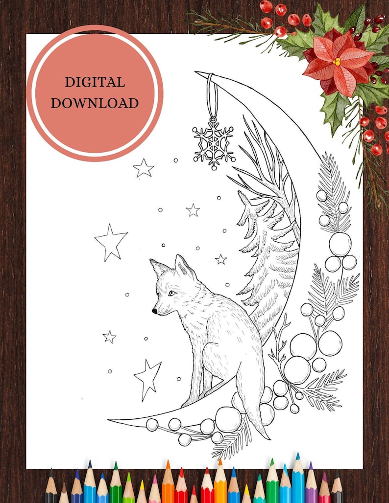 Christmas Coloring Page. Fox on the Moon. Art Therapy for Kids and ...