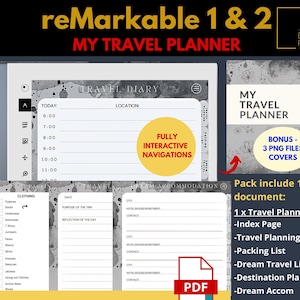 Könnte beinhalten: Ein digitaler Reiseplaner für die Remarkable 1 & 2 Tablets, mit einem Reisetagebuch, einer Packliste und Abschnitten zur Reiseplanung. Der Planer ist als PDF-Download verfügbar und enthält drei Bonus-PNG-Datei-Cover.
