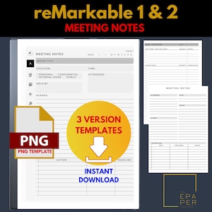 ORDRE DU JOUR DES NOTES DE RÉUNION pour les réunions professionnelles, modèles reMarkable 1 2, ordre du jour de réunion reMarkable, modèle de papier électronique de prise de notes numérique