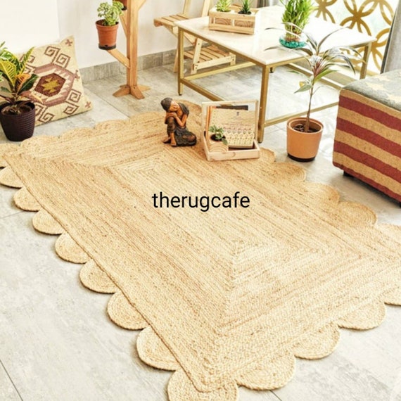 Home & Living Light Green Jute Scallop Boho Decor Handmade Rug