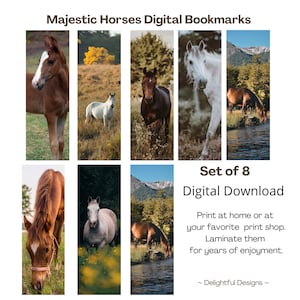 Majestic Horses Bookmarks-Set of 8 - Digital Bookmarks, Nature Bookmarks, Printable Bookmarks, Colorful Bookmarks