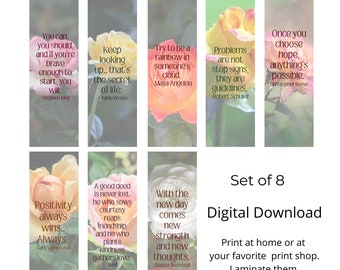 Roses Bookmarks with Positive Quotes - Set of 8 - Digital Bookmarks, Nature Bookmarks, Printable Bookmarks, Colorful Bookmarks
