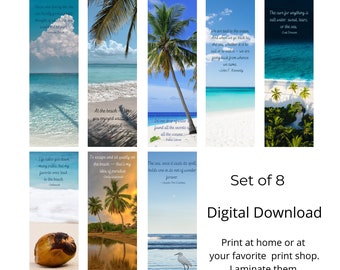 Tropical Beaches Bookmarks with Quotes - Set of 8 - Digital Bookmarks, Tropical Nature Bookmarks, Printable Bookmarks, Colorful Bookmarks
