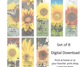 Brilliant Sunflower Bookmarks with Joyful Quotes - Set of 8 - Digital Bookmarks, Nature Bookmarks, Printable Bookmarks, Colorful Bookmarks