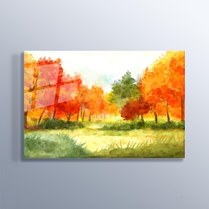 Trees in the Autumn Watercolor Nature Landscape Wall Art Painting Print On Tempered Glass Housewarming Gift, Living Room, Bedroom Cafe Decor