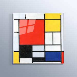 Composición de Piet Mondrian con arte de pared rojo, amarillo, azul y negro Decoración del hogar Impresión de alta calidad en vidrio templado Pintura artística Regalo