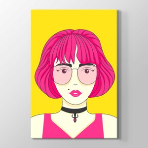 Pink Hair Woman Style Glasses Wall Art Home Decor High Quality Print on Canvas Painting Housewarming Gift, Bedroom, Home Decor Gift