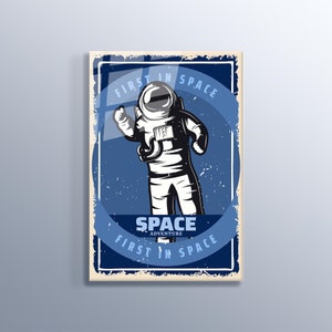 Space Adventures Astronaut Print Wall Art Decoração de casa Pintura em vidro temperado de alta qualidade Decoração de escritório em casa Primeira no espaço Pintura de pôster